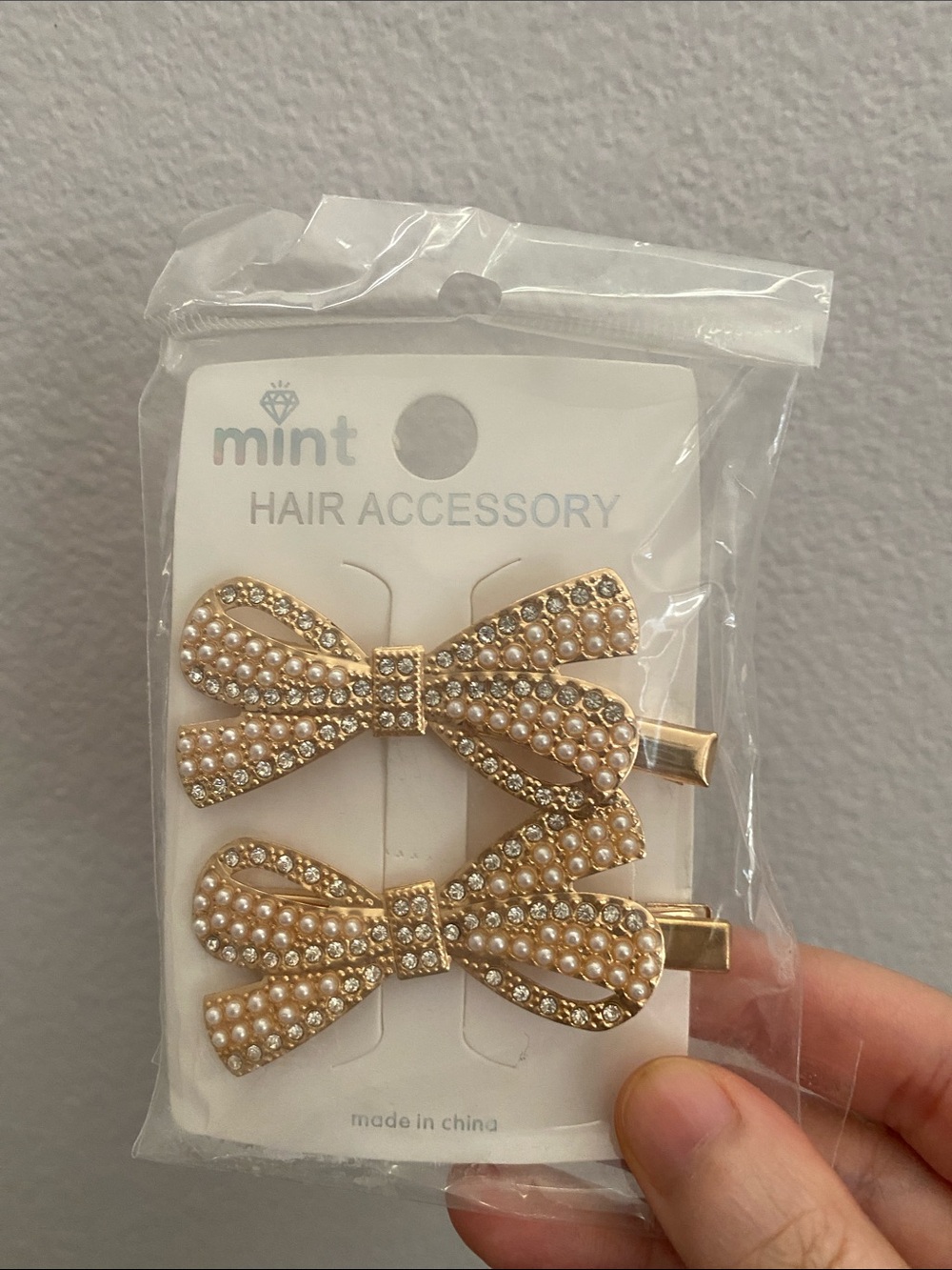 Mint Gold Bow Clips with Pearls & Rhinestones - Set of 2